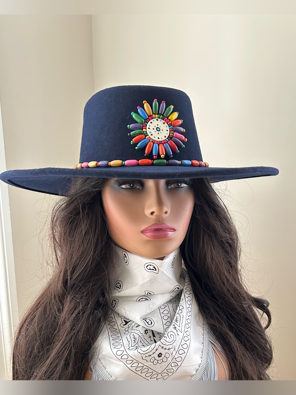 Shyanne Harmony Wool Felt Multicolor Beaded Navy Blue Western Hat NWOT OS